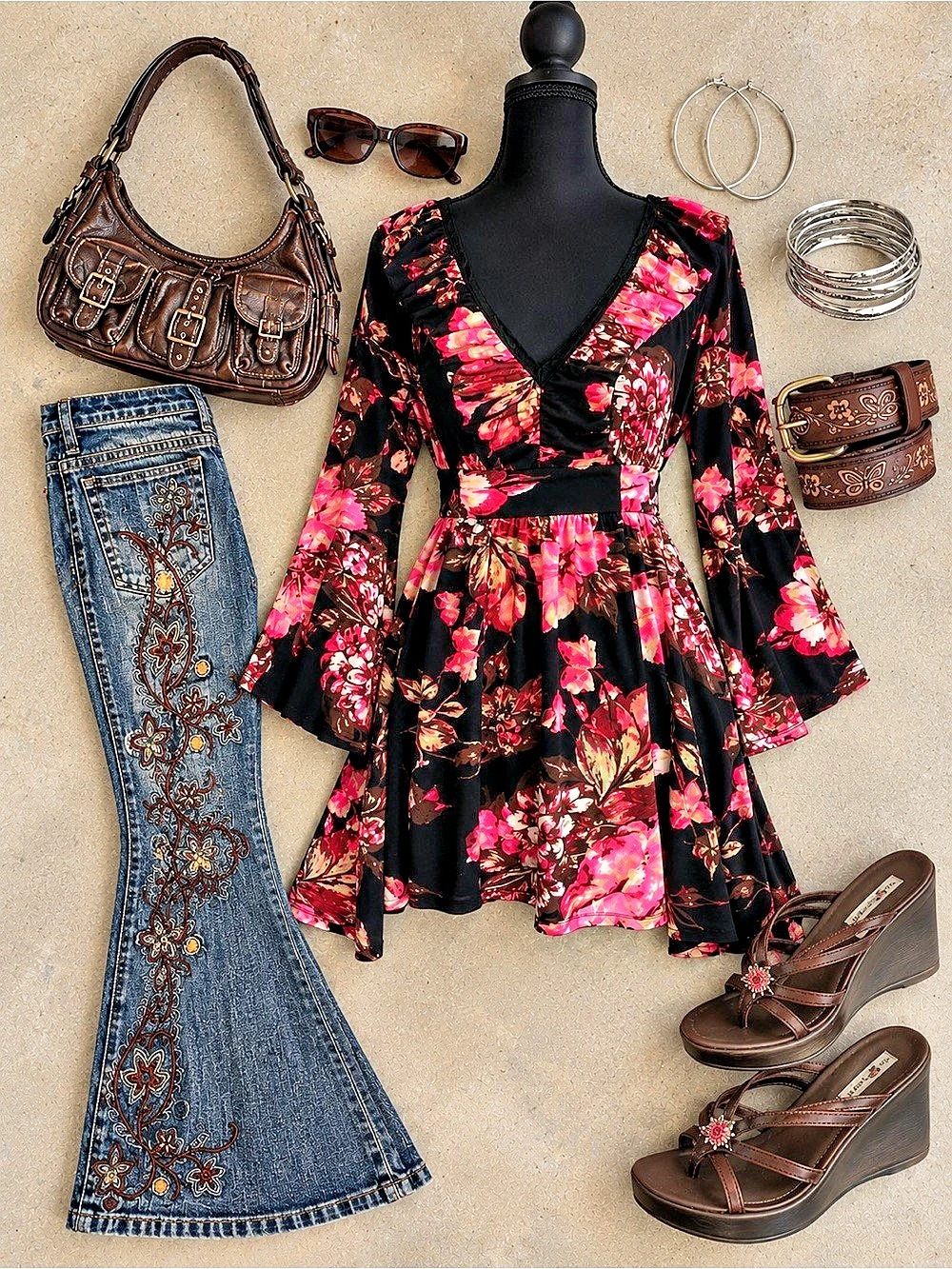 Cato Y2K Floral Long Sleeve Blouse Top Size L Black Pink Bell Sleeve Boho
